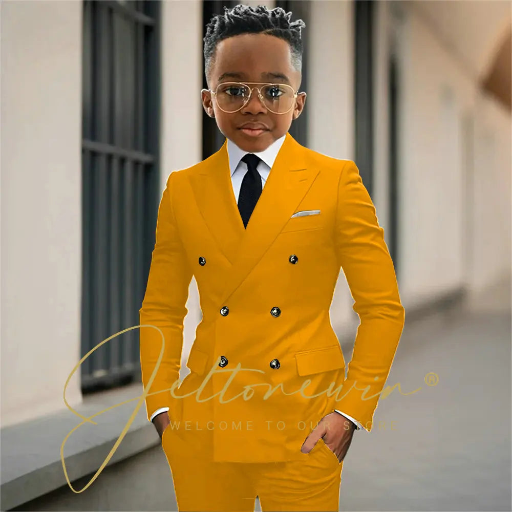 Boy's Beige Suit Set Double Breasted Blazer Pants 2 Pieces Classic kids Wedding Tuxedos Children Party Suits outfits