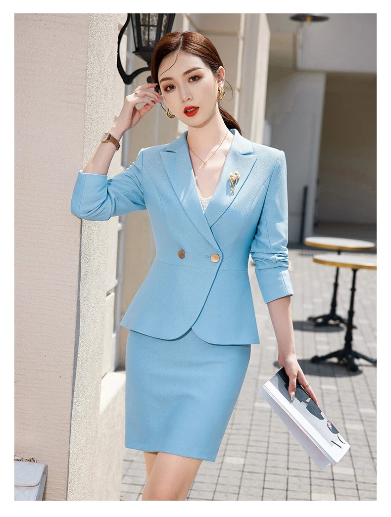NAVIU Blue Suits Women 2023 New Autumn Professional Long Sleeve Rulffes Slim Blazer And Skirt Sets Office Ladies Work Wear Red