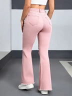 2026 Spring New Arrival Women's Pink Jeans, Blue Heart-Pattern Decorated Stretch Denim Trousers, Fashionable Flared Long Pants.