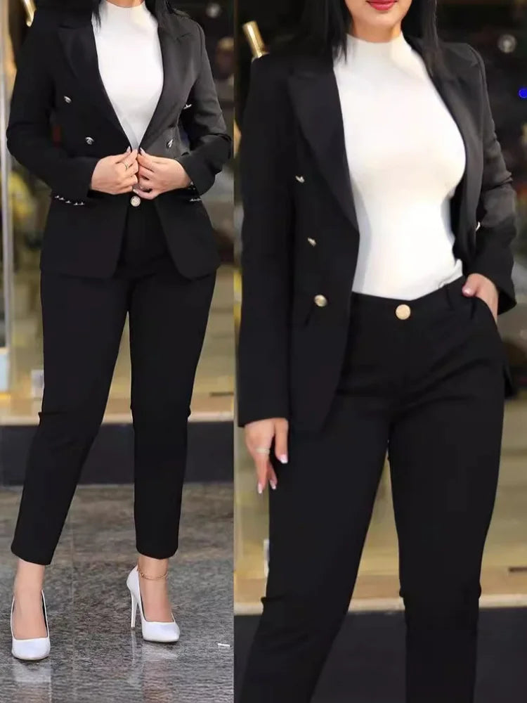 2Pcs Women's Solid Color Suit + Trousers Two-Piece Set Slim Fit Business Fashion Double Breasted Formal Female Clothes Outfit