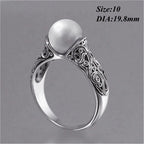 Charm Gift Vintage Carved White Pearl Ring Jewelry Yellow Gold Plated 14K