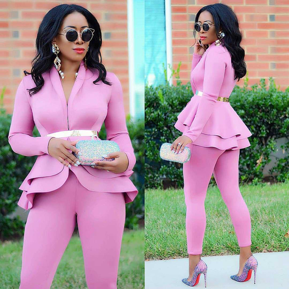 New Women Winter Women's Set Tracksuit Full Sleeve Ruffles Blazers Pencil Pants Suit Two Piece Set Office Lady Outfits Uniform