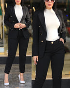 2Pcs Women's Solid Color Suit + Trousers Two-Piece Set Slim Fit Business Fashion Double Breasted Formal Female Clothes Outfit