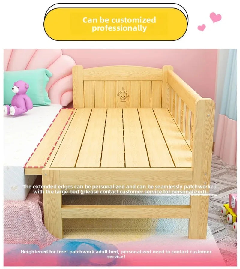Solid Wood Children's Bed, Boy's Single Bed, with Guardrail, Girl's Princess Bed, Widened and Connected, Customizable