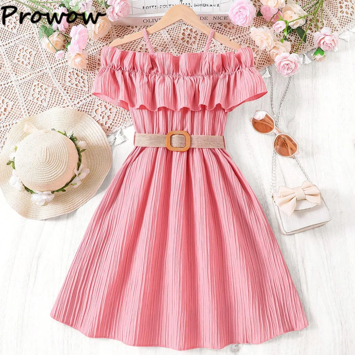 Prowow Girls Party Dresses With Belt 2pcs Trendy Ruffles Off Shoulder Dress For Girls Kids Clothes Teenagers Dresses Girls