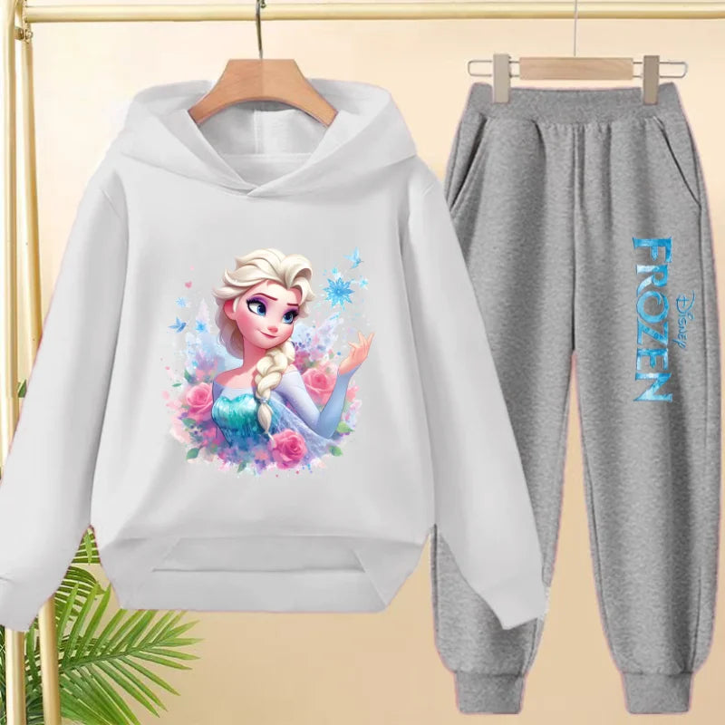 kids Kawaii Elsa Anima Film Pink Hoodies Boys Girls Casual Sweatshirt+Pants 3-12 Years Fashion Top Tracksuit Frozen Set Clothing