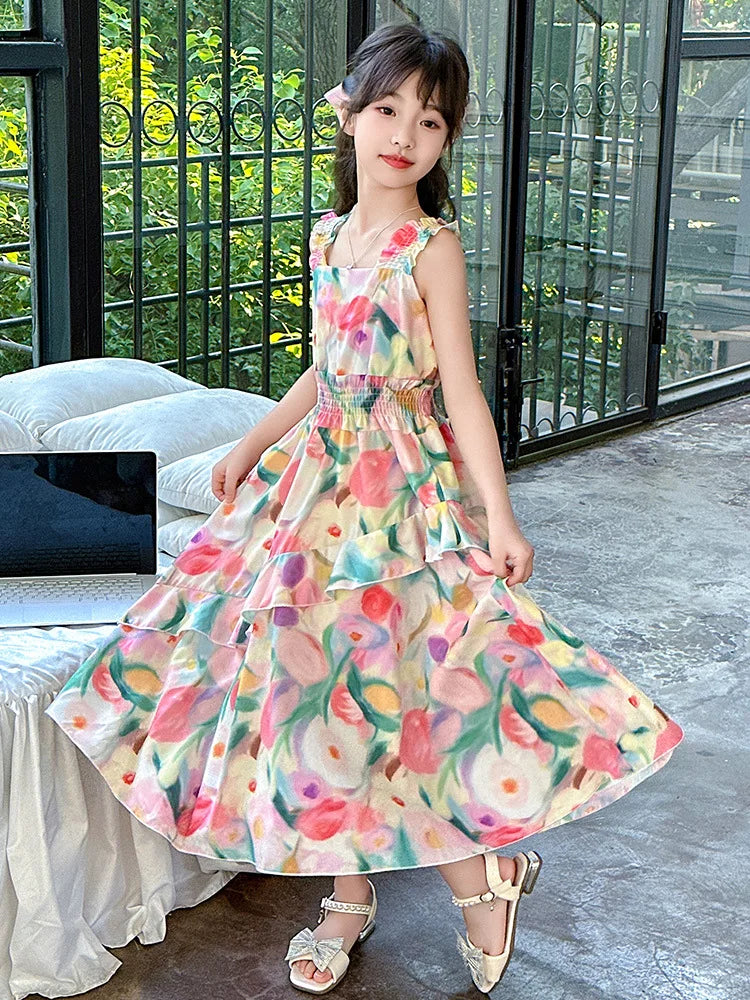 Girls Princess Dress Summer New Children's Puff Sleeve Long Dress Sweet Print Loose Kids Wear 6 8 10 12 14 Years Teens Clothes