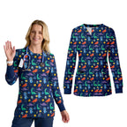 Women O-Neck Nursing Spa Scrub Uniforms Printed Scrubs Top Cartoon Medical Uniform Stretch Scrubs Top Long Sleeve Medicale Femme