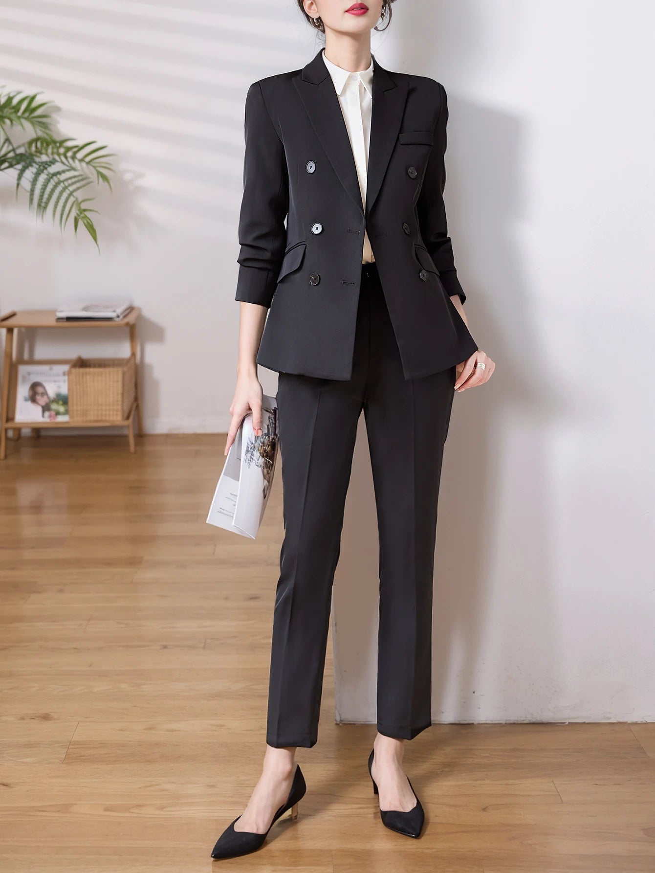 Peak Lapel Single-Vent Suit Set, Double-Breasted Long-Sleeve Solid-Color Office Smart Casual Pantsuit