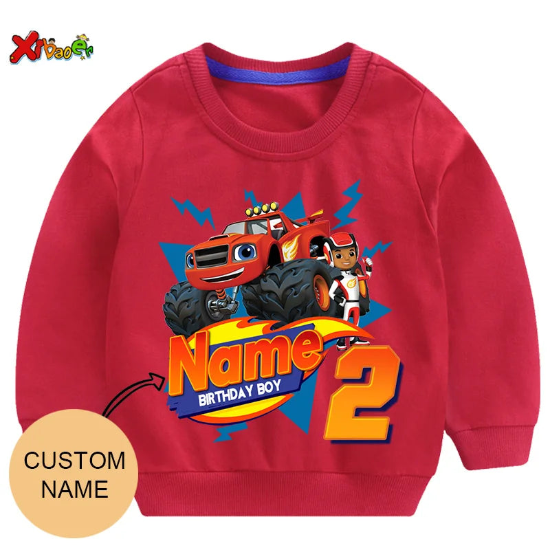 Children Clothes for Boys Sweatshirt Personalized Name Birthday Blaze Shirt Long T Shirt Girl Clothing Kids Toddler Fall Hoodie
