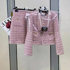 Women Tweed Jacquard Fragrant Suit Jacket Coat Top And Skirt Two Piece Set Elegant Chic Outfit Winter Workwear Party Clothing