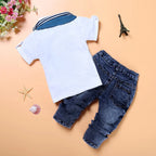 2-7 Years Kids Clothes Boys Outfit Summer Children's Clothing Boy Sets Cotton Short Sleeve O-Neck Tops+Jeans+Scarf Baby Costume