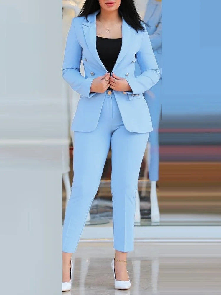 2Pcs Women's Solid Color Suit + Trousers Two-Piece Set Slim Fit Business Fashion Double Breasted Formal Female Clothes Outfit
