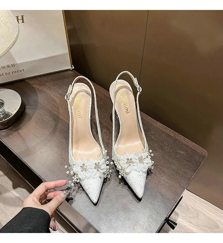 French Bride Gold Wedding Shoes for women Thin Heel Pointed Shallow Mouth Flower Rhinodrill High Heels Bao Head Fashion Sandals
