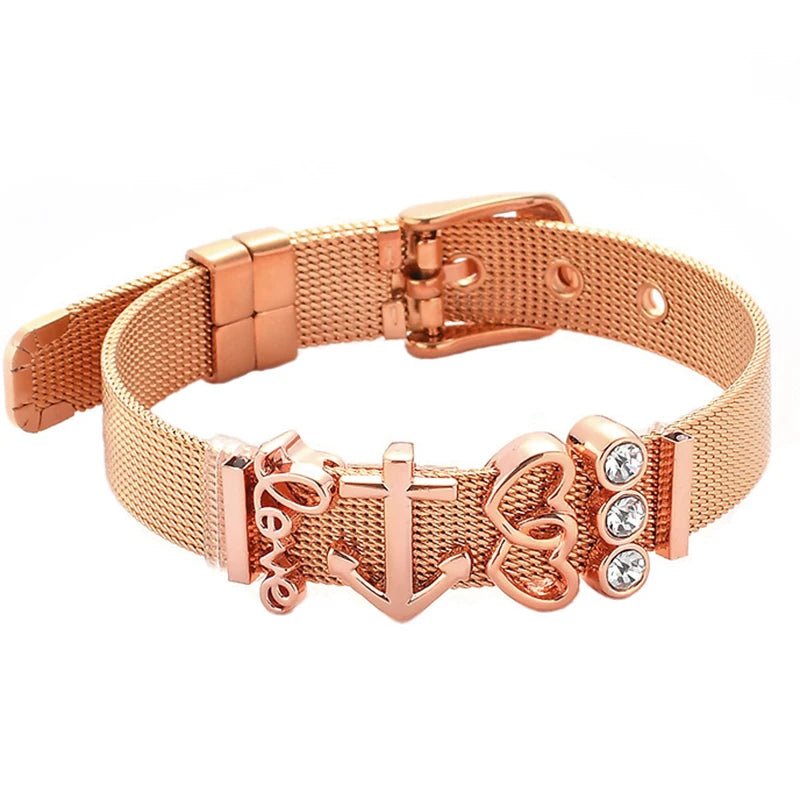 Fashion Stainless Steel For Woman Men Bracelet Mesh Bracelet Set Crystal Heart Anchor Charm Fine Bracelet Bangle Female Lover