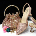 Venus Chan Pointed Toe Heels for Women 2023 Elegant Party Wine Color Full Diamond Pumps Italian Shoes and Bags Matching Set