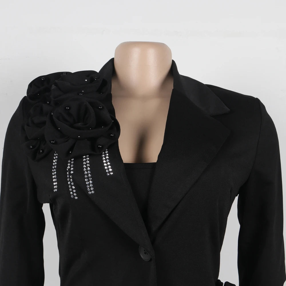 Women Dress 2 Piece Blazer Set Elegant Rhinestone 3D Flower Long Sleeve Coat Bodycon Midi Slip Dress Church Suit for Office Wear