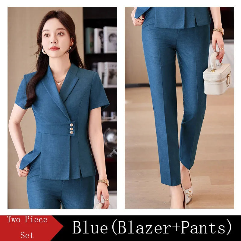 Summer Fabric Professional Women Business Suit with Pants and Jackets Coat Pantsuits Blazers Ladies Work Wear Trousers Set