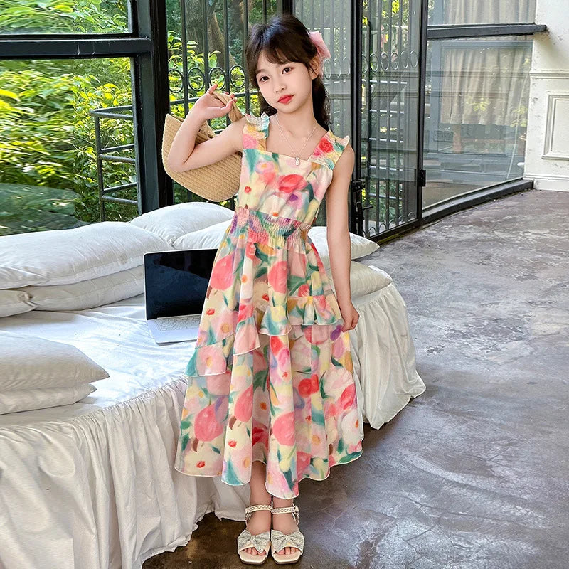 Girls Princess Dress Summer New Children's Puff Sleeve Long Dress Sweet Print Loose Kids Wear 6 8 10 12 14 Years Teens Clothes
