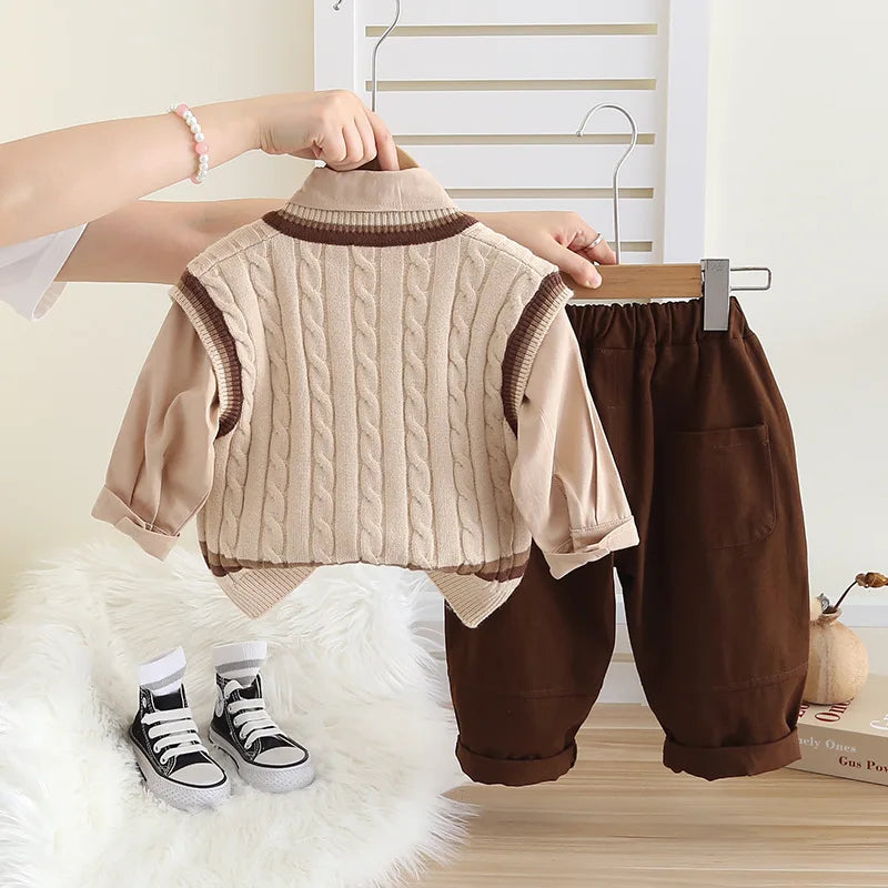 Children Boy Clothes Sets Autumn High Quality Fashion Knitted Vest Shirt+Pants 3pc Suits Kids Boys College Style Casual Clothing