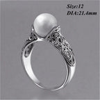 Charm Gift Vintage Carved White Pearl Ring Jewelry Yellow Gold Plated 14K