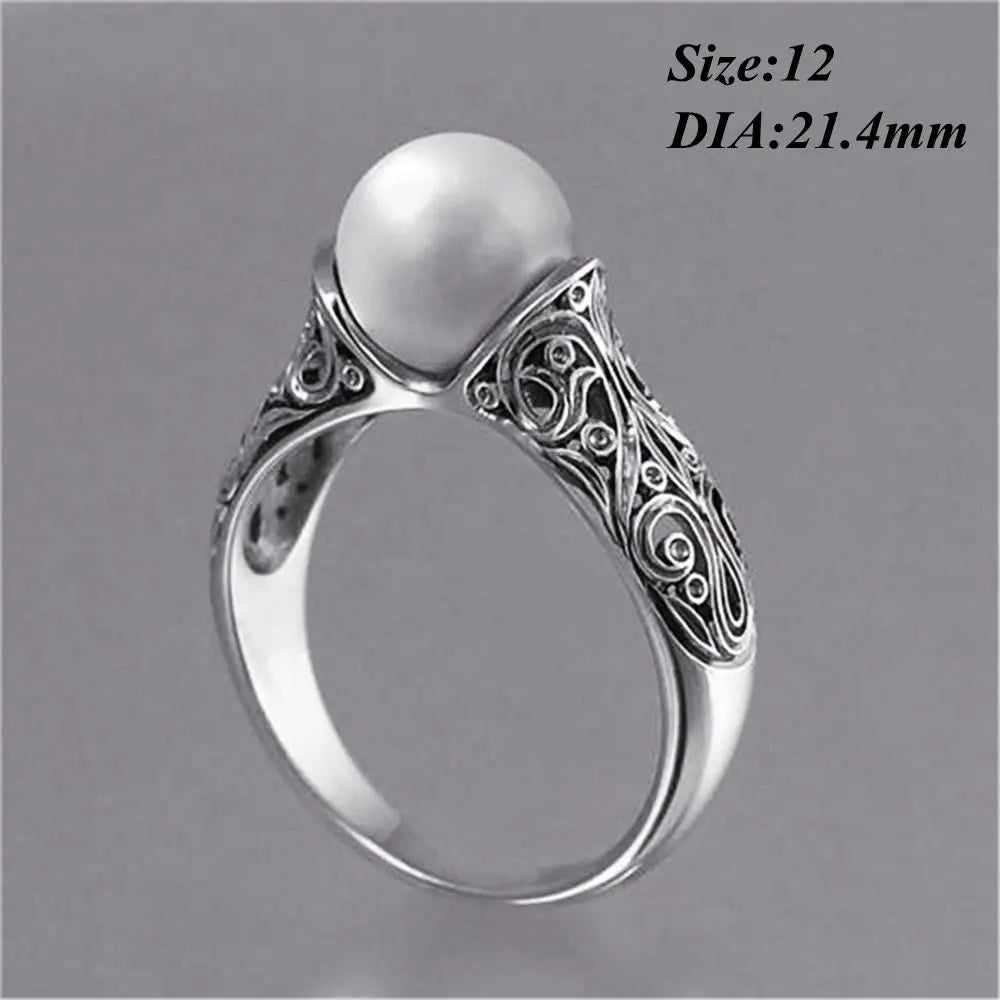 Charm Gift Vintage Carved White Pearl Ring Jewelry Yellow Gold Plated 14K
