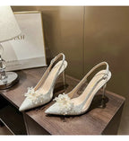 French Bride Gold Wedding Shoes for women Thin Heel Pointed Shallow Mouth Flower Rhinodrill High Heels Bao Head Fashion Sandals