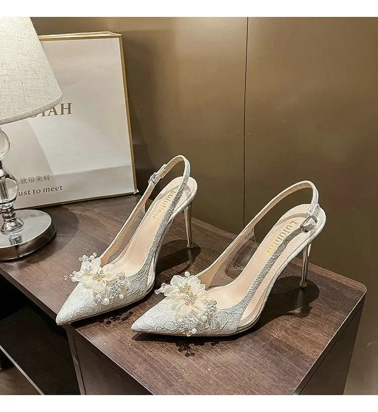 French Bride Gold Wedding Shoes for women Thin Heel Pointed Shallow Mouth Flower Rhinodrill High Heels Bao Head Fashion Sandals