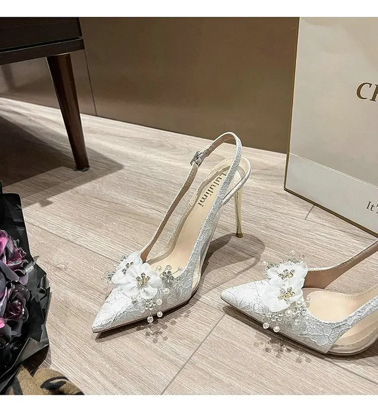 French Bride Gold Wedding Shoes for women Thin Heel Pointed Shallow Mouth Flower Rhinodrill High Heels Bao Head Fashion Sandals