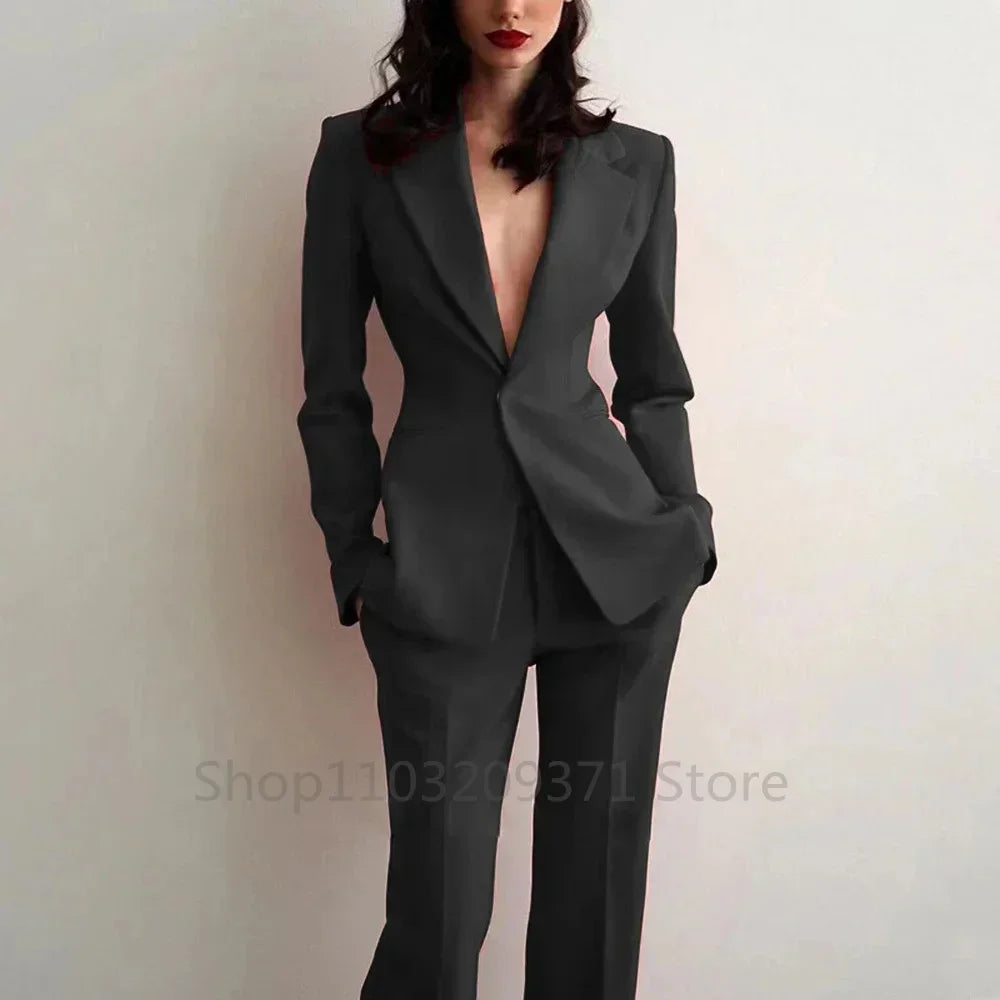 Women Suit 2 Pieces Royal blue Single Button Solid Slim For Wedding Business Work Office Daily Commute Casual Set Blazer+ Pant