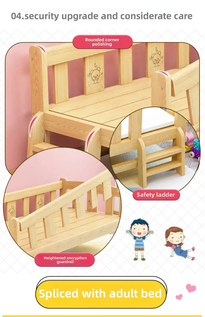 Solid Wood Children's Bed, Boy's Single Bed, with Guardrail, Girl's Princess Bed, Widened and Connected, Customizable