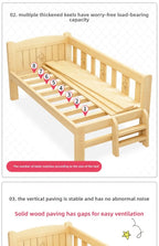 Solid Wood Children's Bed, Boy's Single Bed, with Guardrail, Girl's Princess Bed, Widened and Connected, Customizable