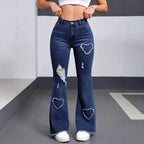 2026 Spring New Arrival Women's Pink Jeans, Blue Heart-Pattern Decorated Stretch Denim Trousers, Fashionable Flared Long Pants.