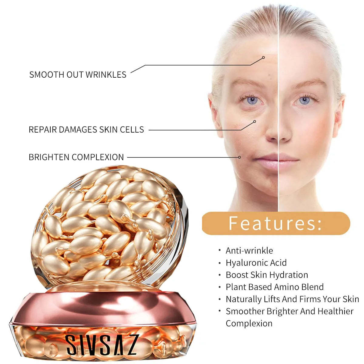 35Capsules Fullerene Anti-Aging Powder Capsule Face Serum Firming Fade Fine Lines Vitamin C Whitening Dark Spot Remover Skin