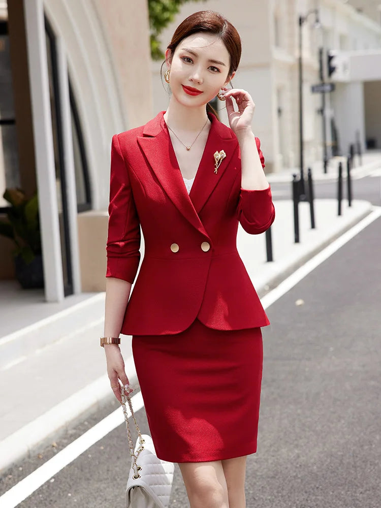 NAVIU Blue Suits Women 2023 New Autumn Professional Long Sleeve Rulffes Slim Blazer And Skirt Sets Office Ladies Work Wear Red
