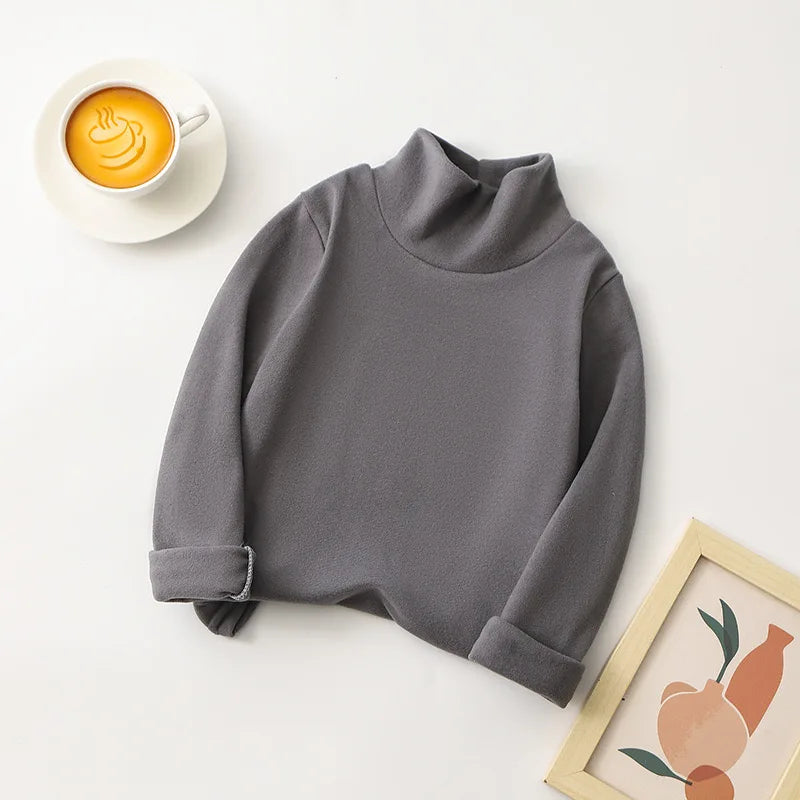 1pcs Children T-Shirt Cute Cartoon Solid Top Baby Korean Clothing Kids Half High Collar Long Sleeve Base Shirt Girls Boys Tshirt