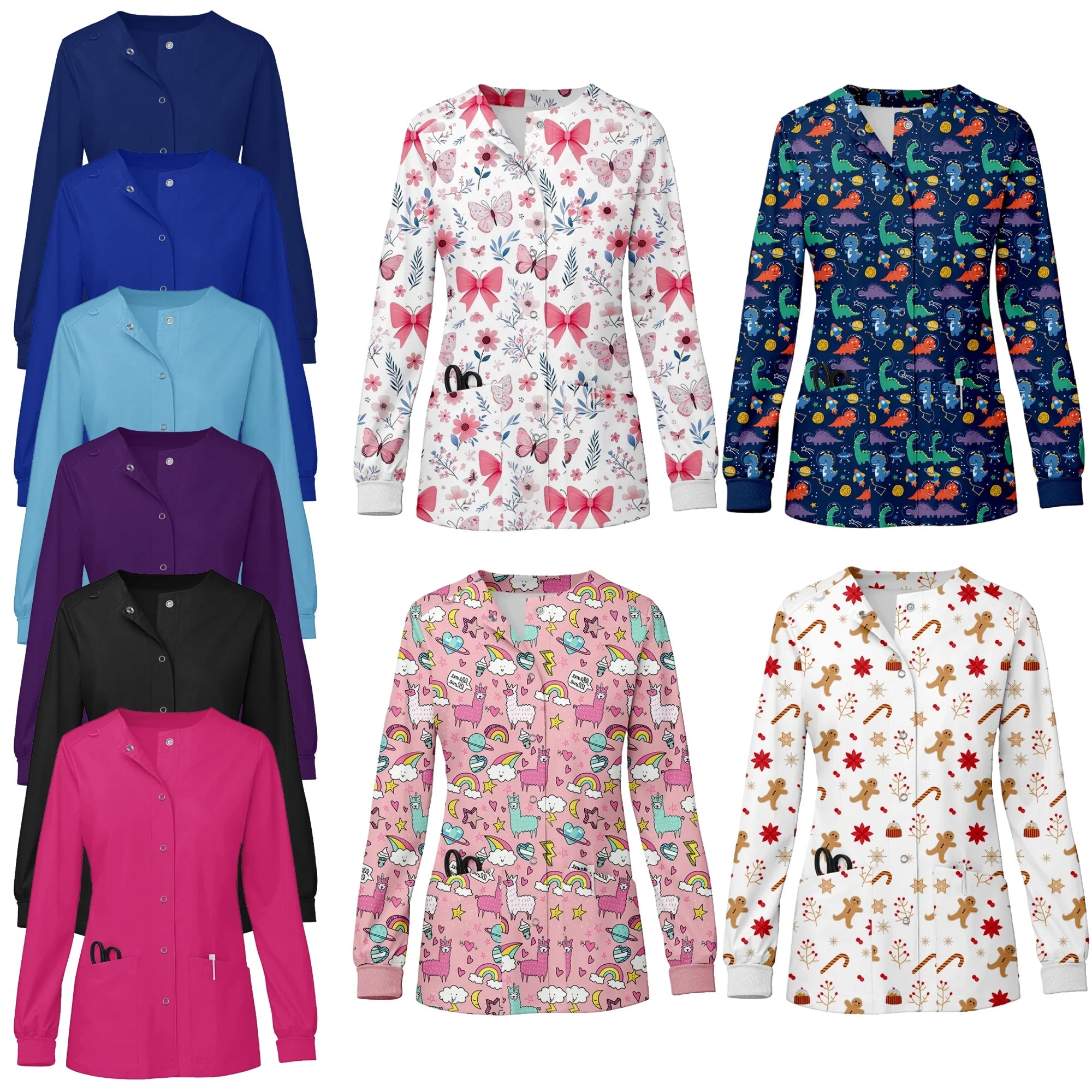Women O-Neck Nursing Spa Scrub Uniforms Printed Scrubs Top Cartoon Medical Uniform Stretch Scrubs Top Long Sleeve Medicale Femme
