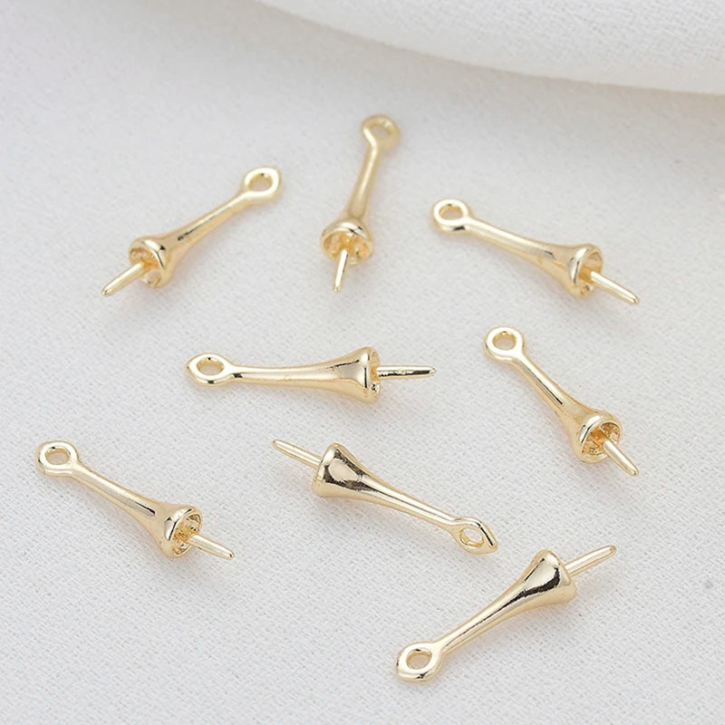 Gold Plated Brass Long Eye Pin Peg Bail with 6mm Bead Cap and Peg Pendant Bail,For Half Drilled Pearls,Earring Jewelry Making