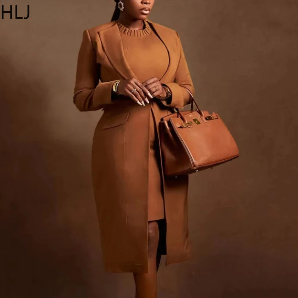 HLJ High Quality Elegant Office Lady Blazer Two Piece Sets Women Lapel Long Sleeve Coat And Slim Dress Outfit Female Clothing