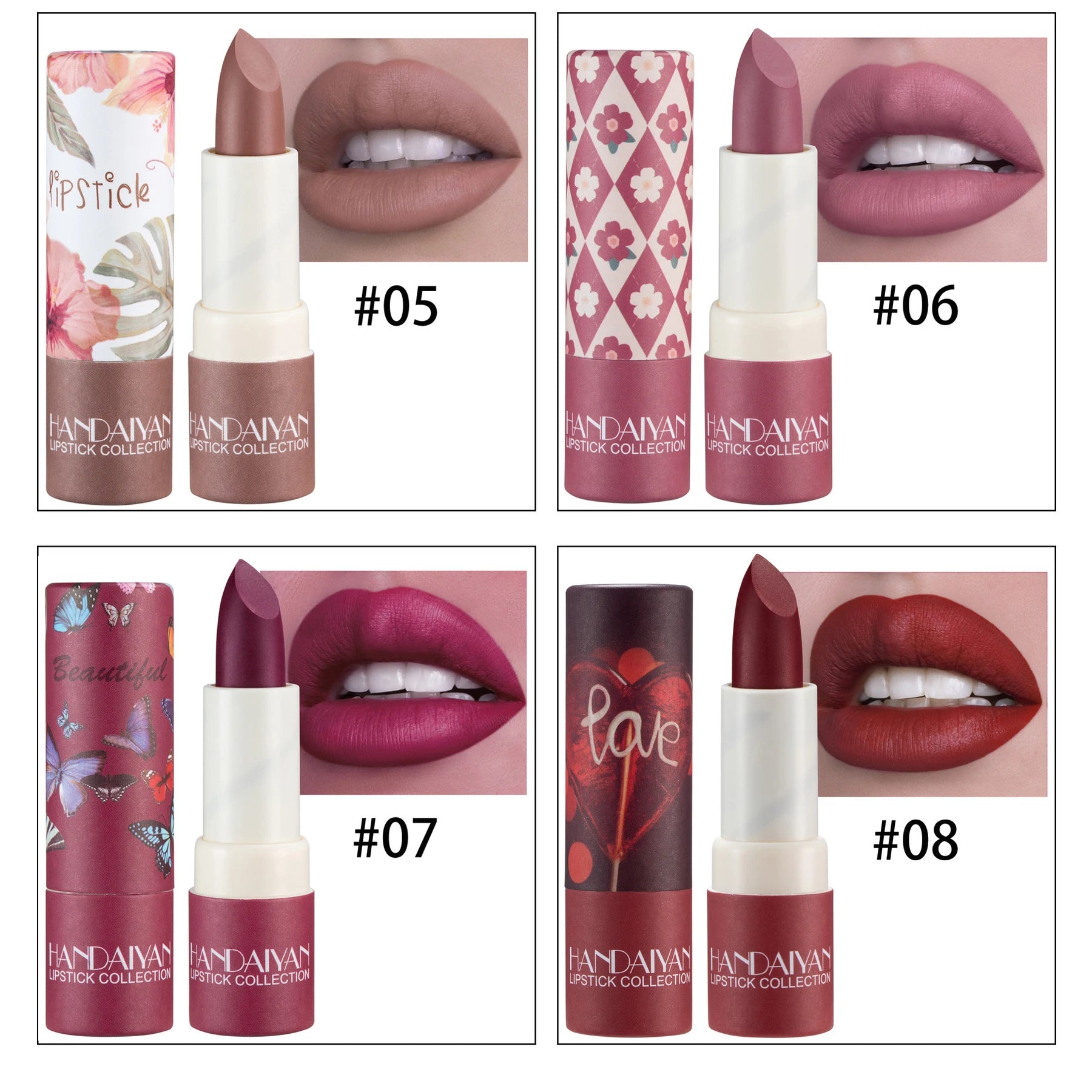HANDAIYAN 8 Colors Velvet Nude Lipstick Sexy Red Pigments Makeup Matte Lip Stick Long Lasting Waterproof Professional Cosmetics
