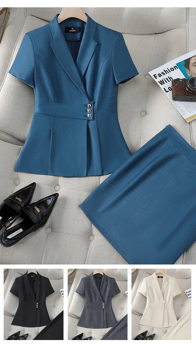 Summer Fabric Professional Women Business Suit with Pants and Jackets Coat Pantsuits Blazers Ladies Work Wear Trousers Set