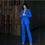 Women Suit 2 Pieces Royal blue Single Button Solid Slim For Wedding Business Work Office Daily Commute Casual Set Blazer+ Pant