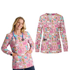 Women O-Neck Nursing Spa Scrub Uniforms Printed Scrubs Top Cartoon Medical Uniform Stretch Scrubs Top Long Sleeve Medicale Femme