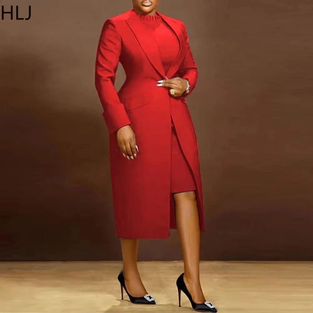 HLJ High Quality Elegant Office Lady Blazer Two Piece Sets Women Lapel Long Sleeve Coat And Slim Dress Outfit Female Clothing