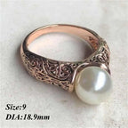 Charm Gift Vintage Carved White Pearl Ring Jewelry Yellow Gold Plated 14K