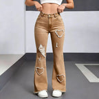2026 Spring New Arrival Women's Pink Jeans, Blue Heart-Pattern Decorated Stretch Denim Trousers, Fashionable Flared Long Pants.