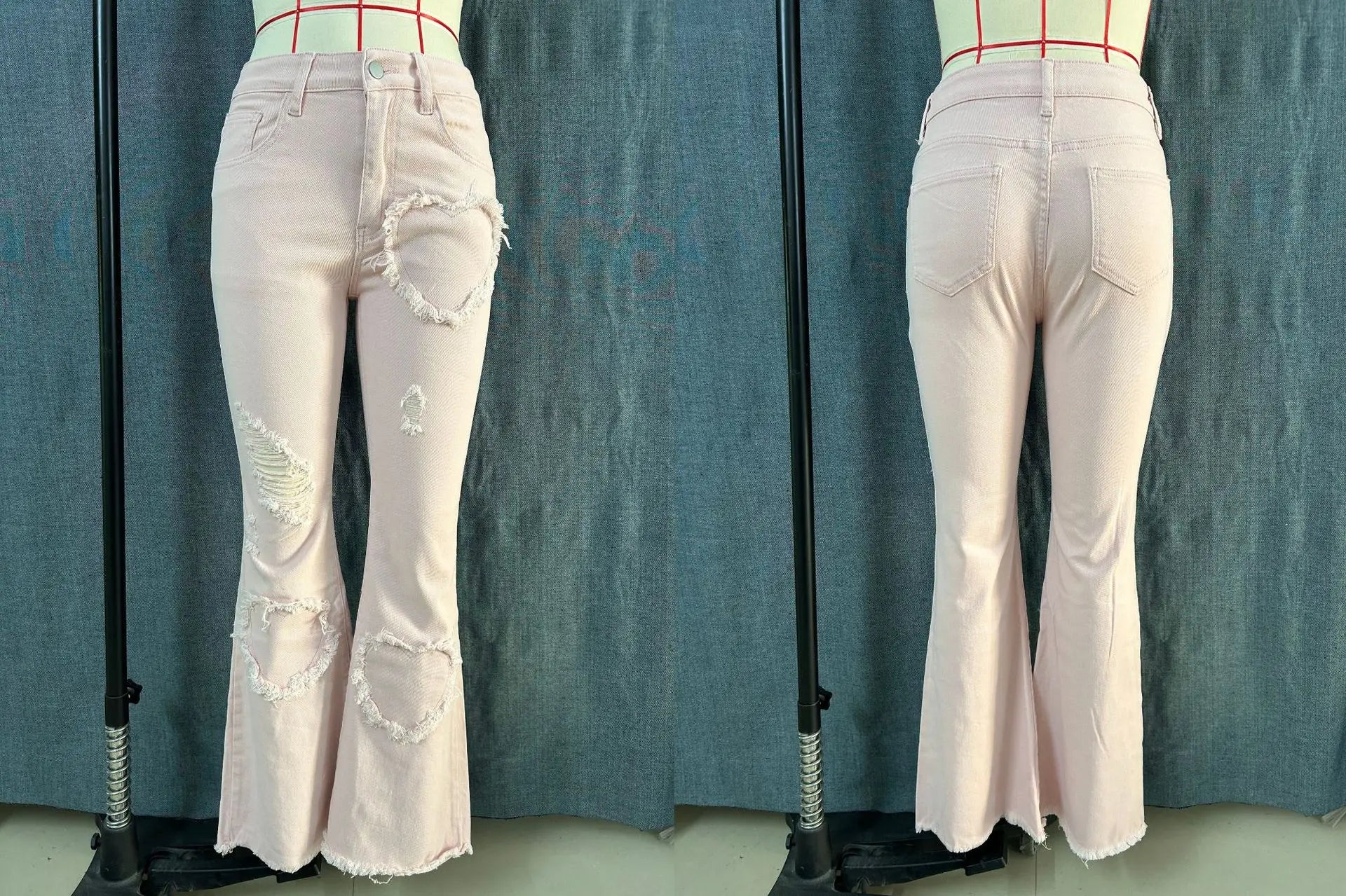 2026 Spring New Arrival Women's Pink Jeans, Blue Heart-Pattern Decorated Stretch Denim Trousers, Fashionable Flared Long Pants.