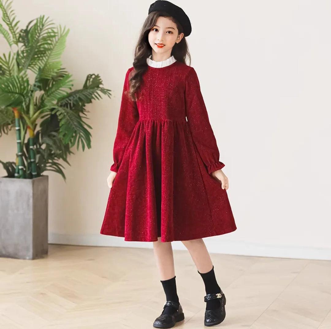 2026 winter spring Europe French Kids Baby girl clothes red long sleeve party princess Dress teenager new 4 8 9 10 14 12 year
