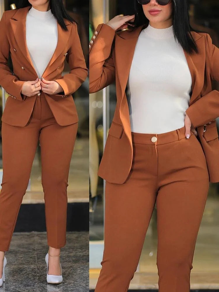 2Pcs Women's Solid Color Suit + Trousers Two-Piece Set Slim Fit Business Fashion Double Breasted Formal Female Clothes Outfit
