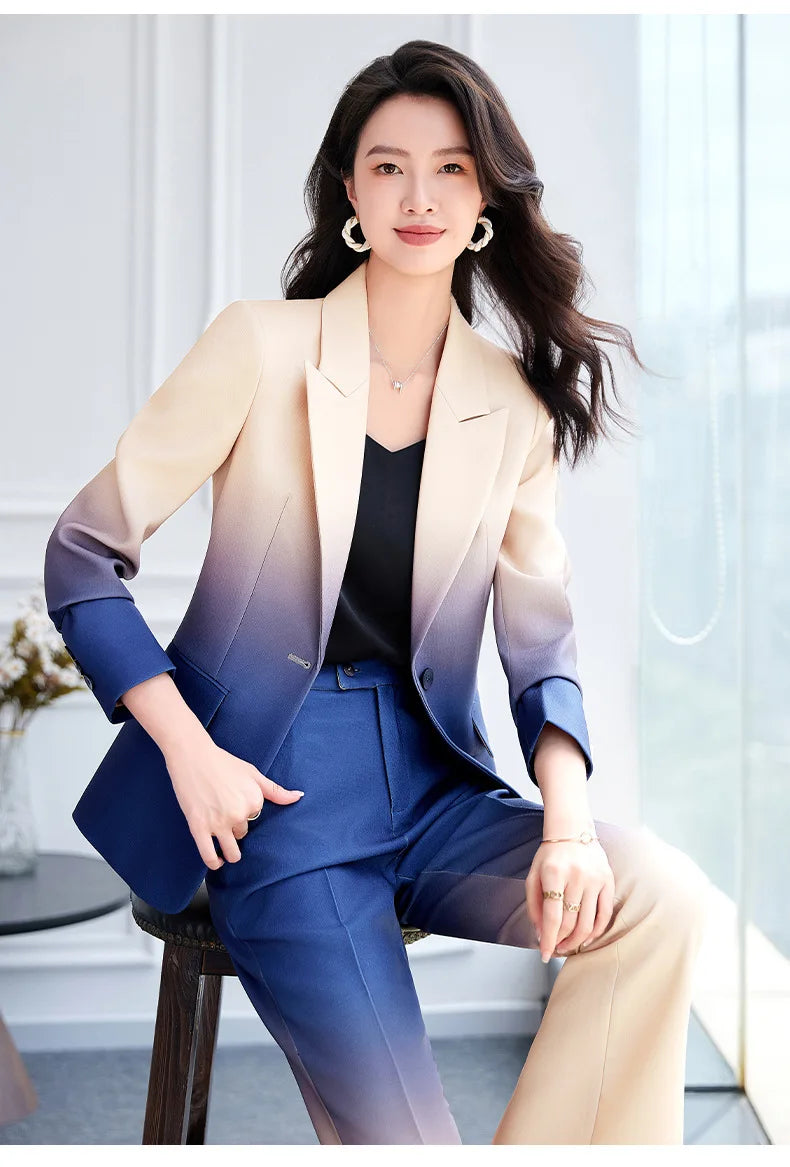 HIGH STREET Newest Fashion 2024 Designer Suit Set Women's Gradient Color Printed Single Button Blazer Flare Pants Suit